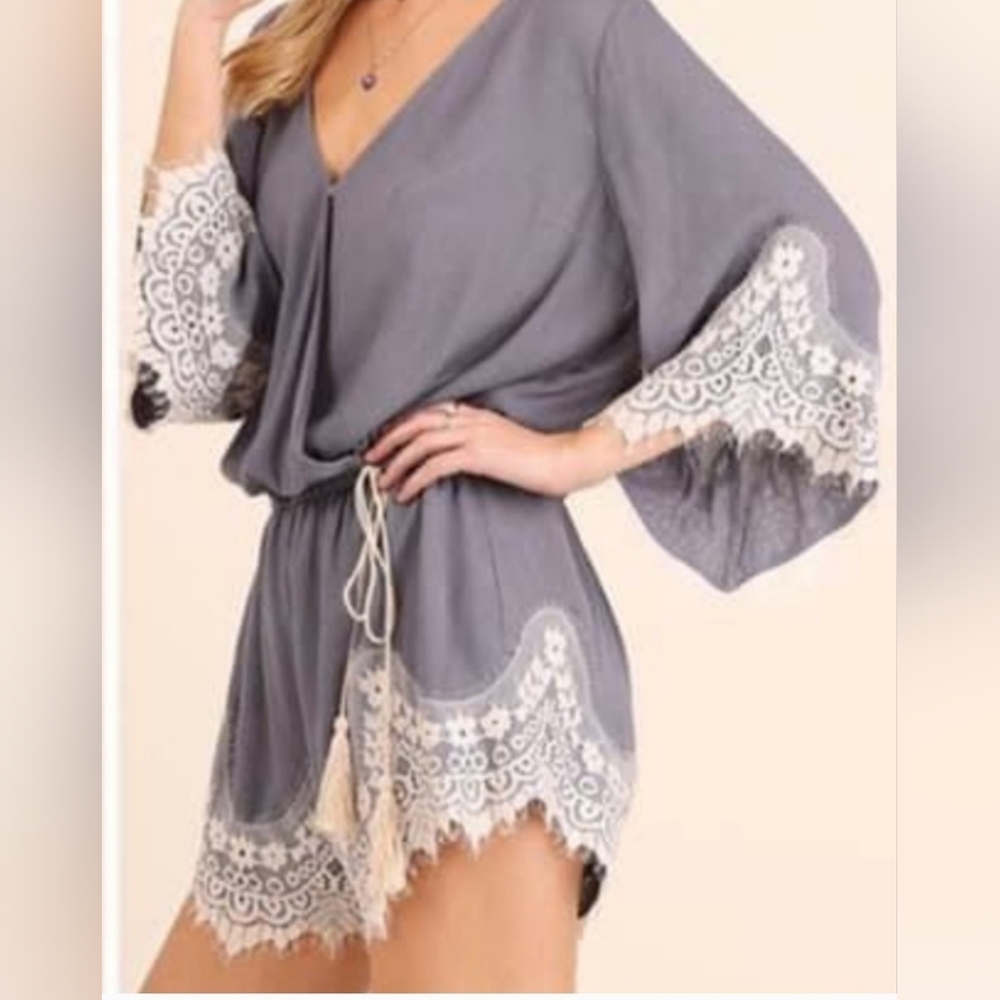 Umgee Hobo romper slate grey with lace snap to close neckline, tie at waist